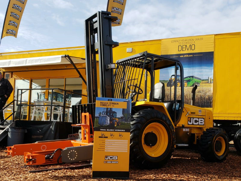 Clerf Forward Bin Dumper on JCB Rough Terrain Forklift